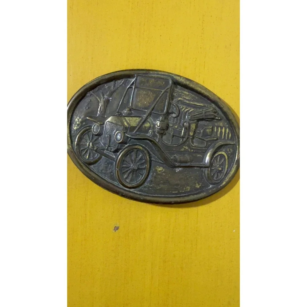 Vintage Avon Antique Automobile Brass Belt Buckle Classic Model T Car Relief